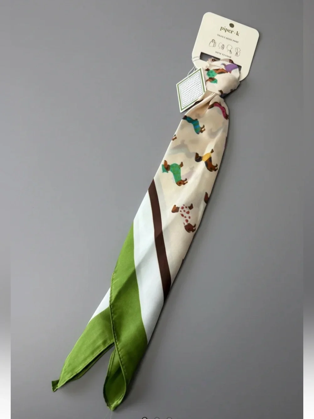 Piper.k Cream and Green Dog-Print Hair Scarf